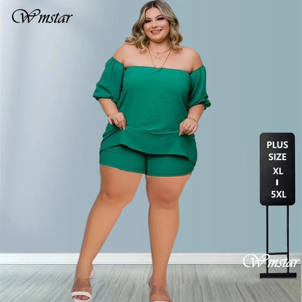 Chic Plus Size Off-Shoulder Two Piece Shorts Set.