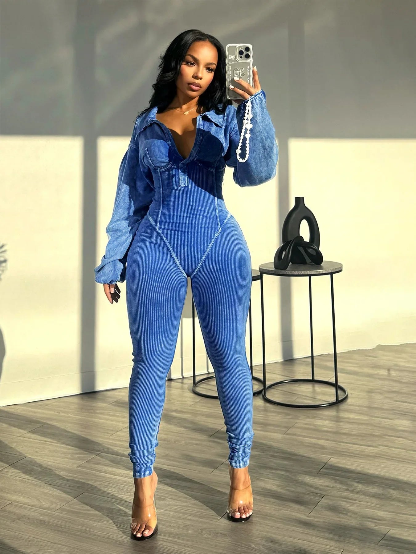 Chic Women's Ribbed Long Sleeve Moto Jumpsuit.