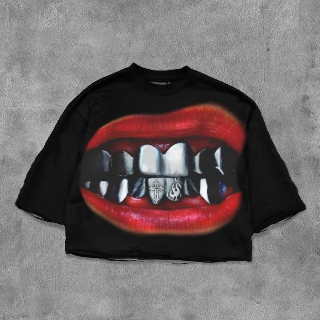 Y2K Hip Hop Teeth Graphic Print Oversized T-Shirt - Black